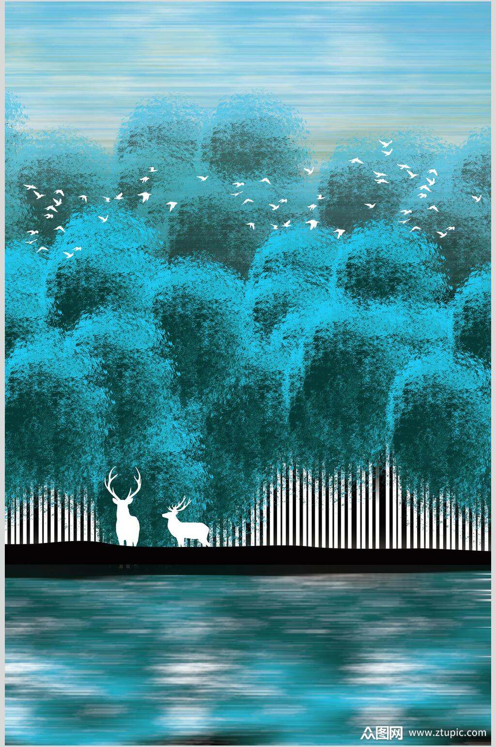 水彩湛蓝色森林自然背景素材