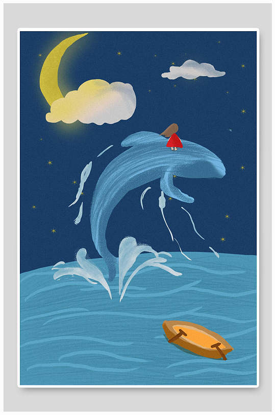 鲸鱼手绘卡通清新鲸鱼插画海报素材