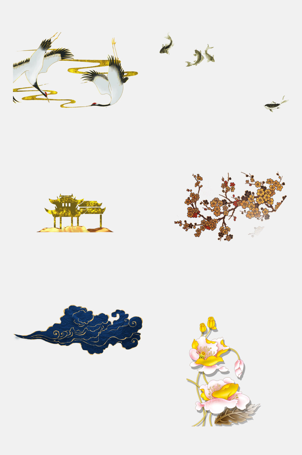 精美国潮风鎏金仙鹤祥云免抠元素素材