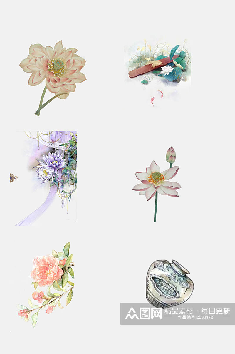 古风水彩手绘花卉瓷器免抠素材素材