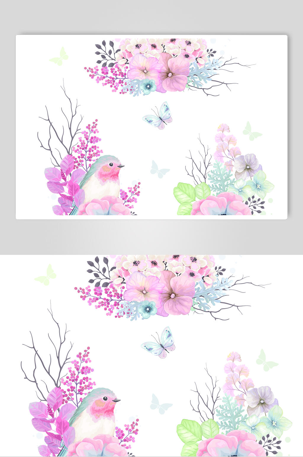 水彩粉色手绘花鸟花卉叶子矢量素材素材