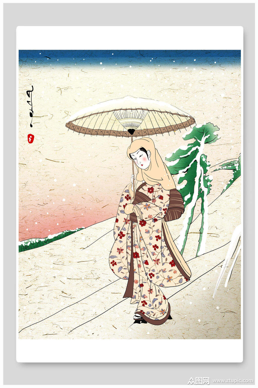 黄色简约创意高端日式浮世绘插画