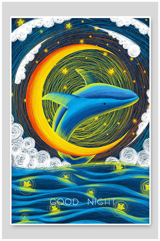 唯美卡通鲸鱼插画海报素材