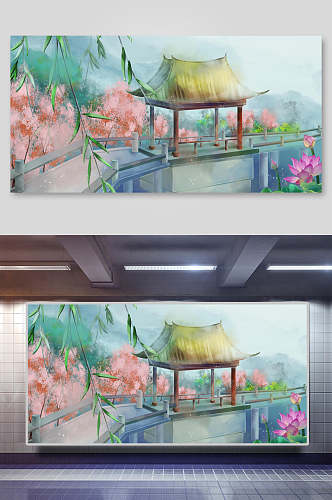 中国风山水古建筑背景展板