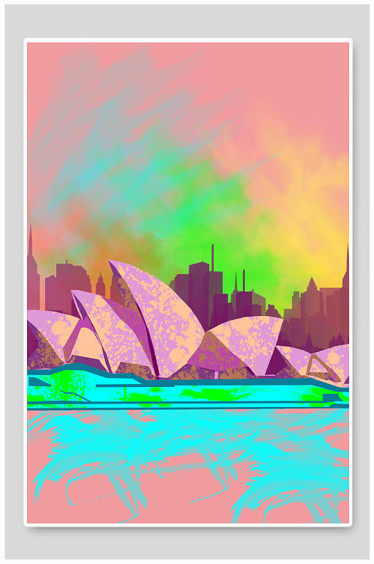 粉色清新悉尼歌剧院竖版插画海报