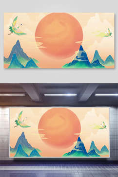 太阳国风插画背景展板