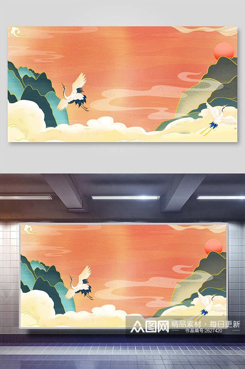 鹤国风插画背景展板素材