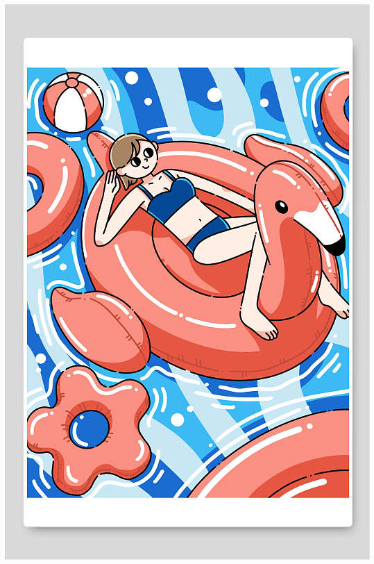 蓝红色手绘创意夏日游泳池女孩插画