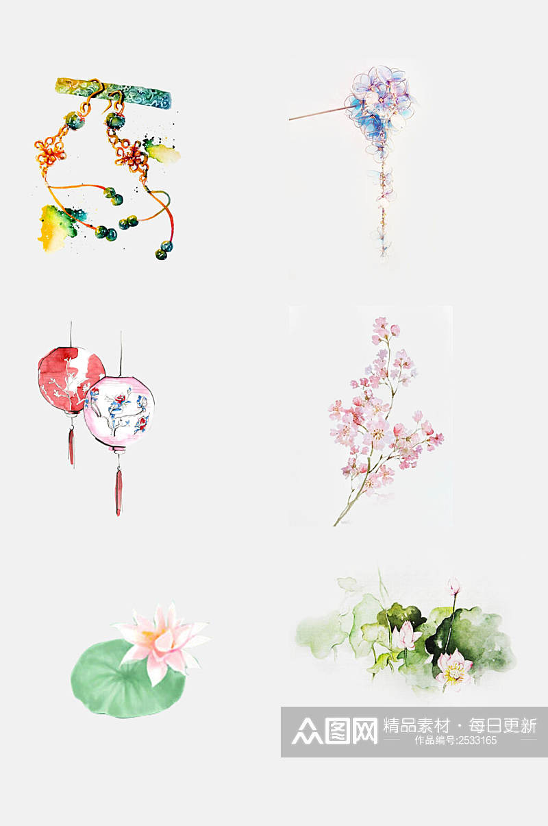 古风水彩手绘花卉饰品免抠素材素材