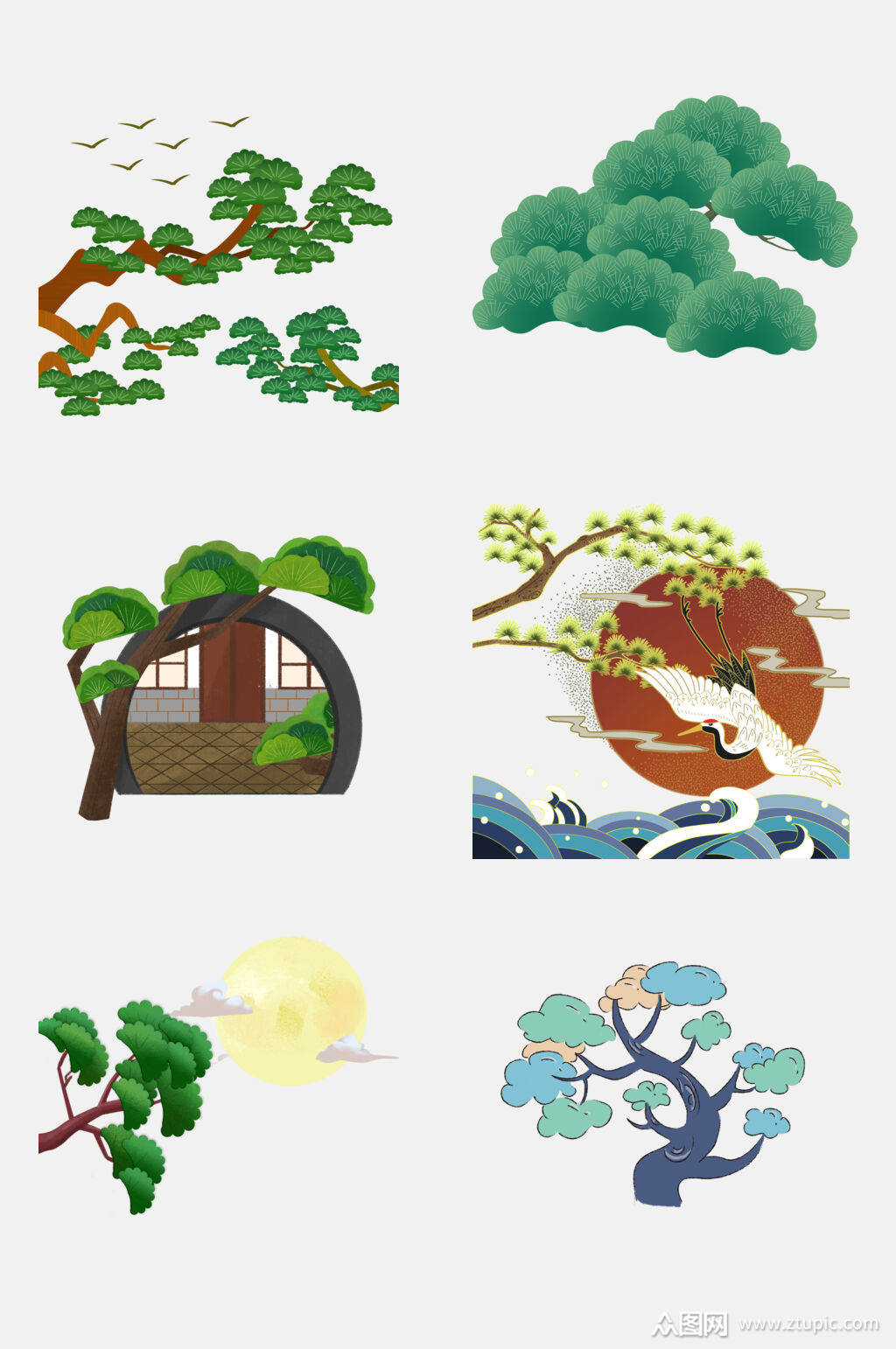 创意国潮松树仙鹤迎客松免抠素材