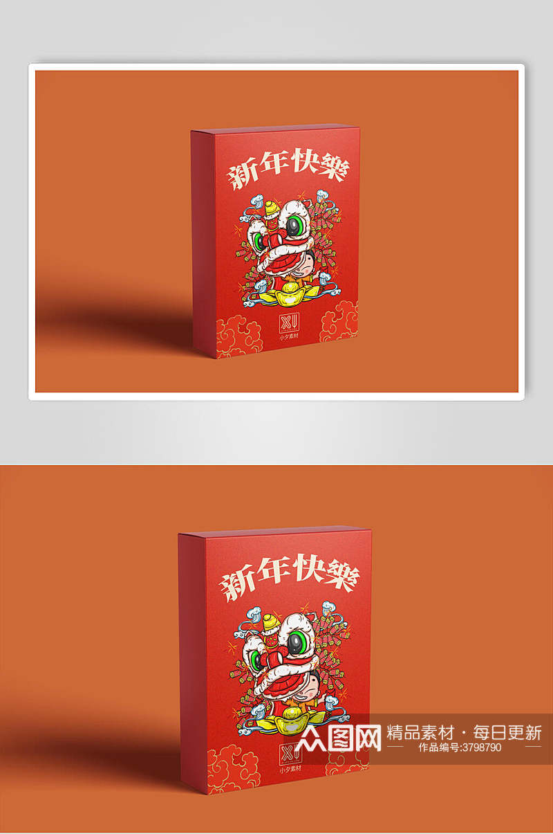 简洁红色新年包装礼盒样机效果图素材