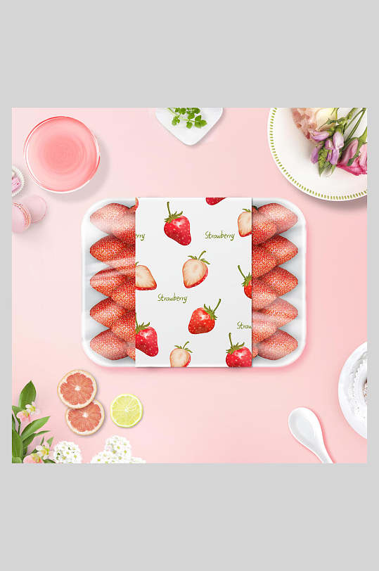 精品粉色草莓水果海报背景