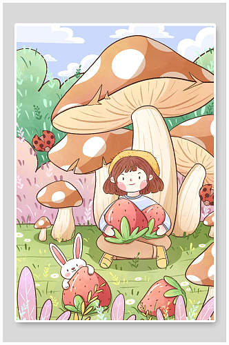 蘑菇草莓立春插画素材