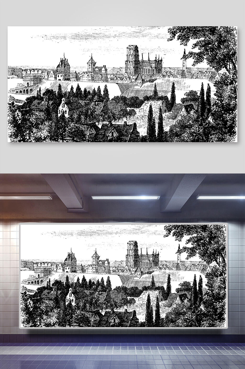 手绘草原草地森林树林山丘农场插画背景素材素材