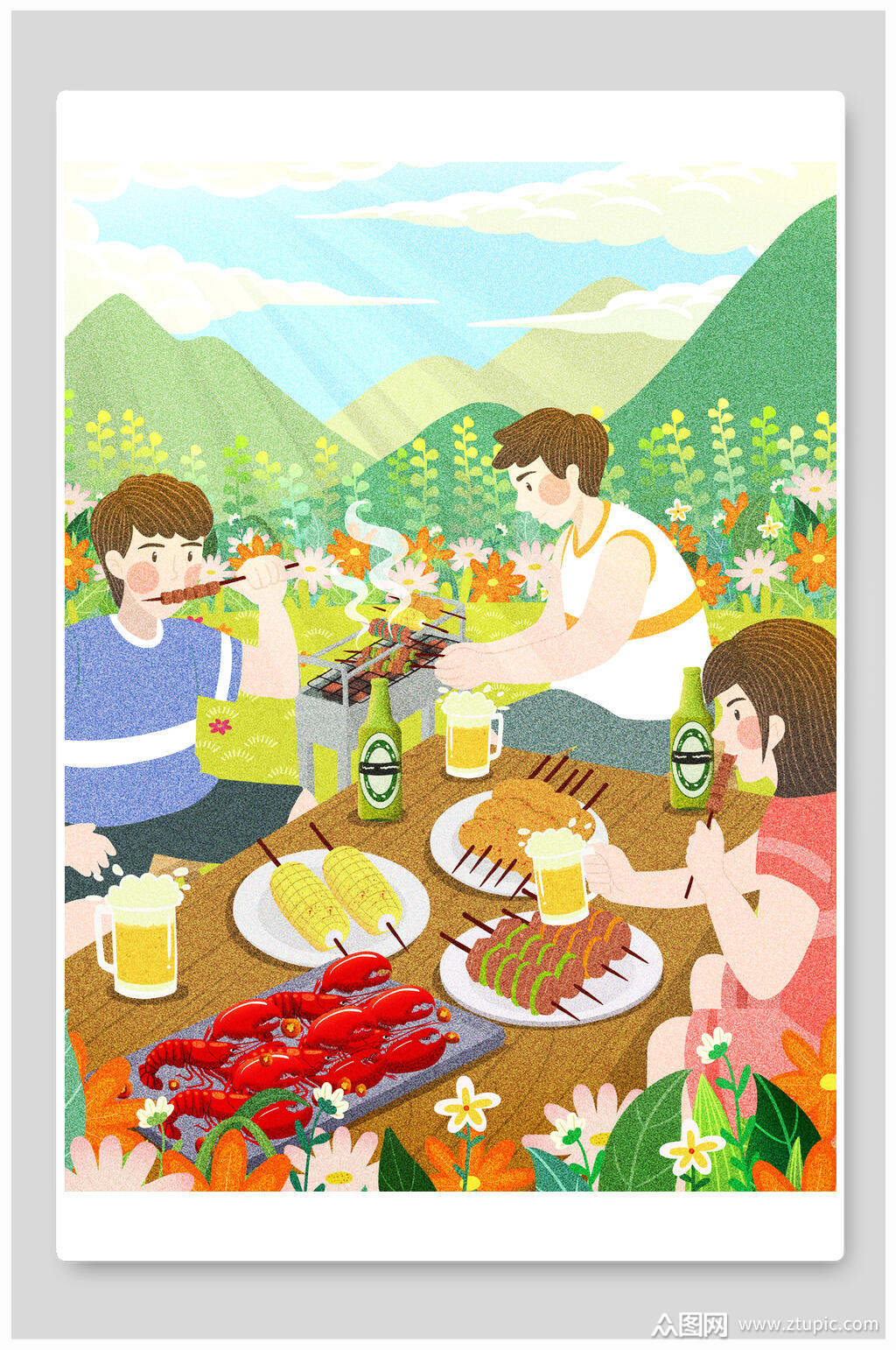 清新烧烤夏日美食插画素材