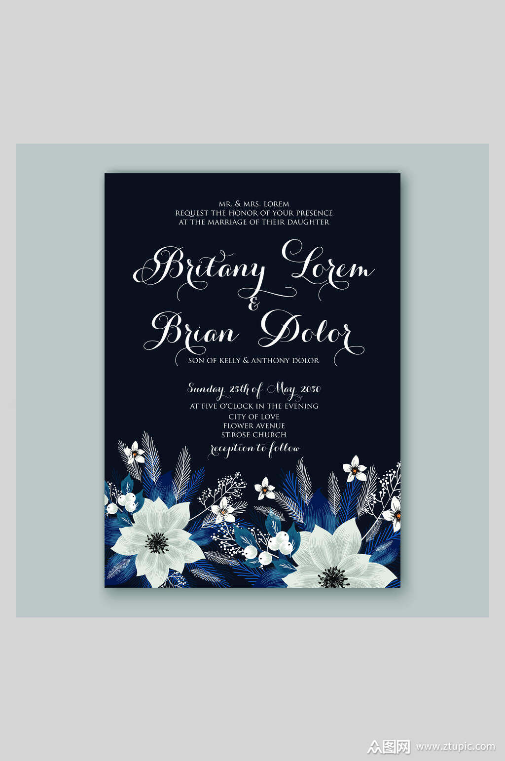 黑色精美文艺花卉婚礼邀请函海报