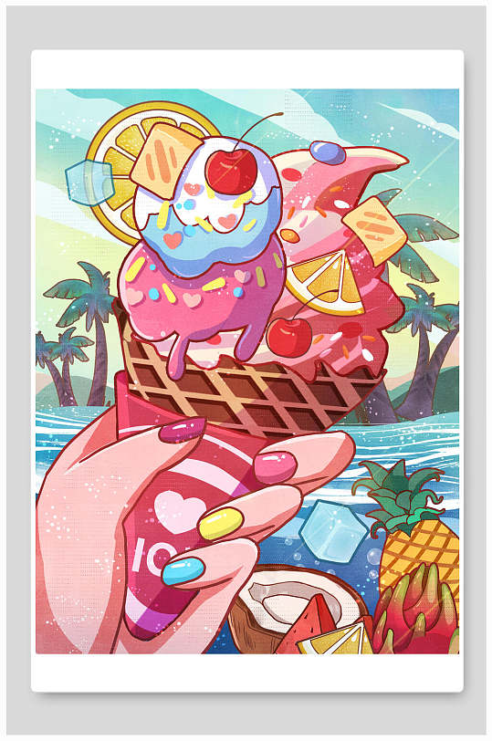 炫彩冰淇淋夏日美食插画素材