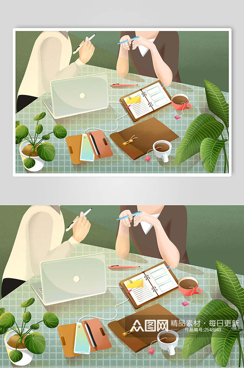 清新下午茶手绘美食场景插画素材素材