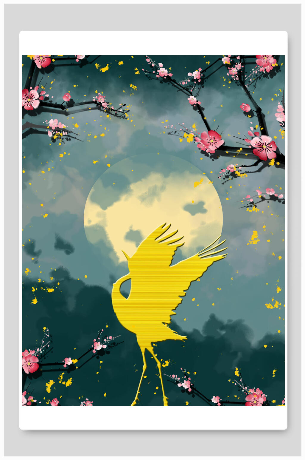 水墨花卉仙鹤现代装饰画素材素材
