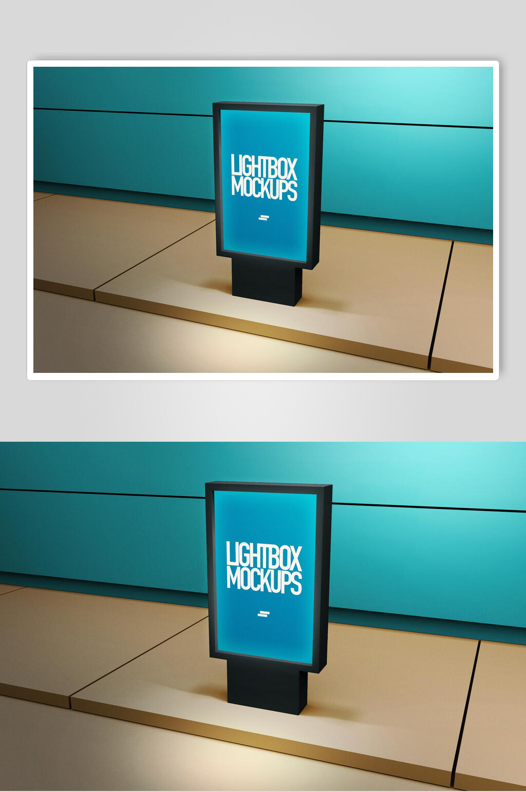 极简蓝色英文logo灯箱海报样机素材