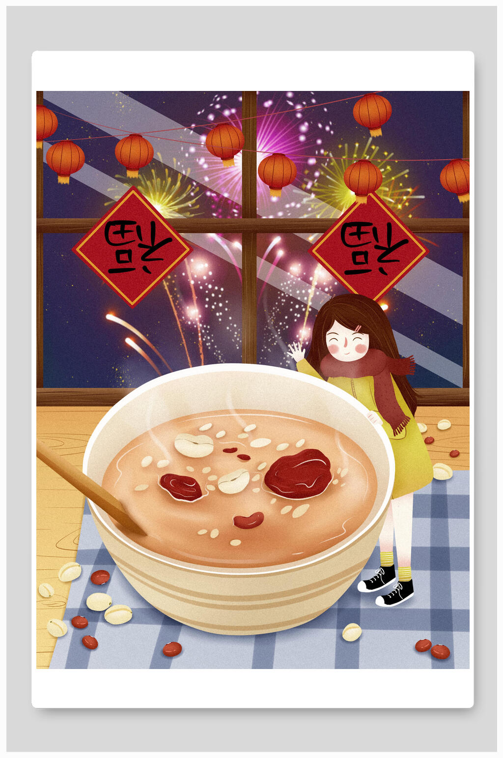 中国风烟花腊八节插画素材素材