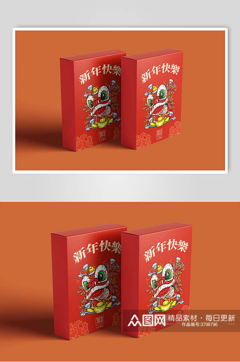 红色中国风新年包装礼盒样机素材