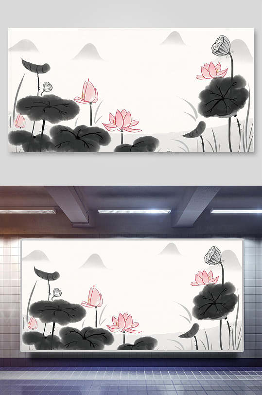 黑白古风高端大气创意水墨荷花插画
