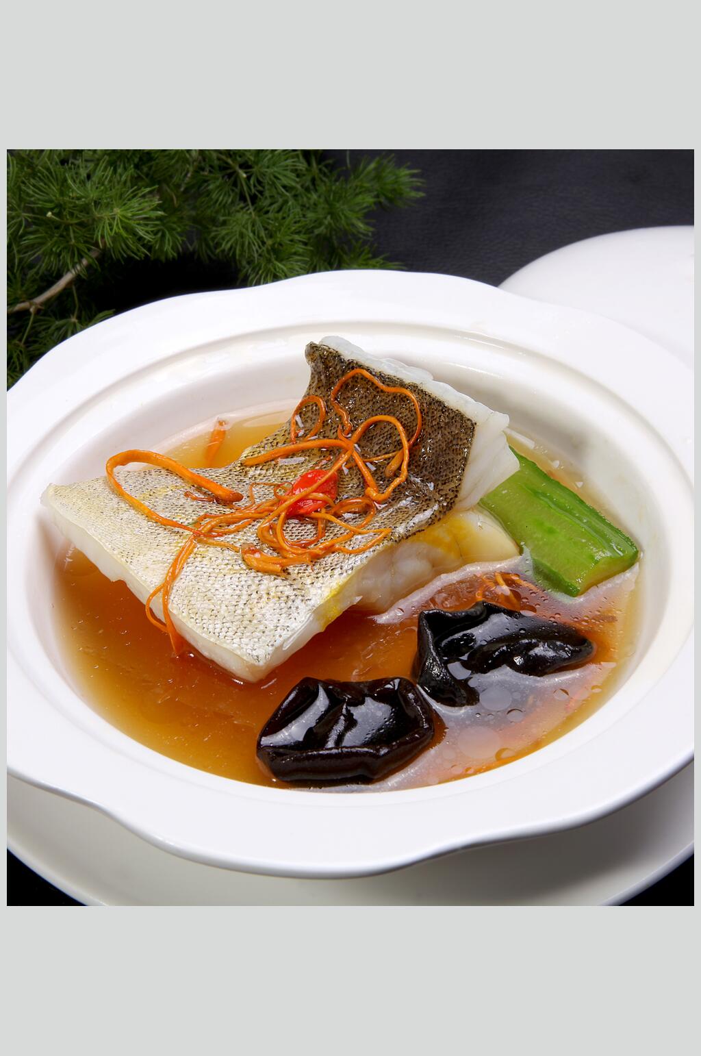 虫草花胜瓜蒸盐水桂鱼美食图片素材
