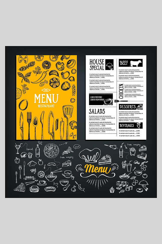手绘暗色系西餐厅美食菜单海报