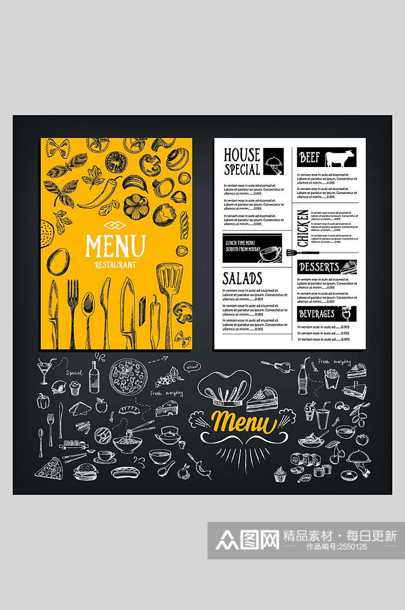 手绘暗色系西餐厅美食菜单海报素材