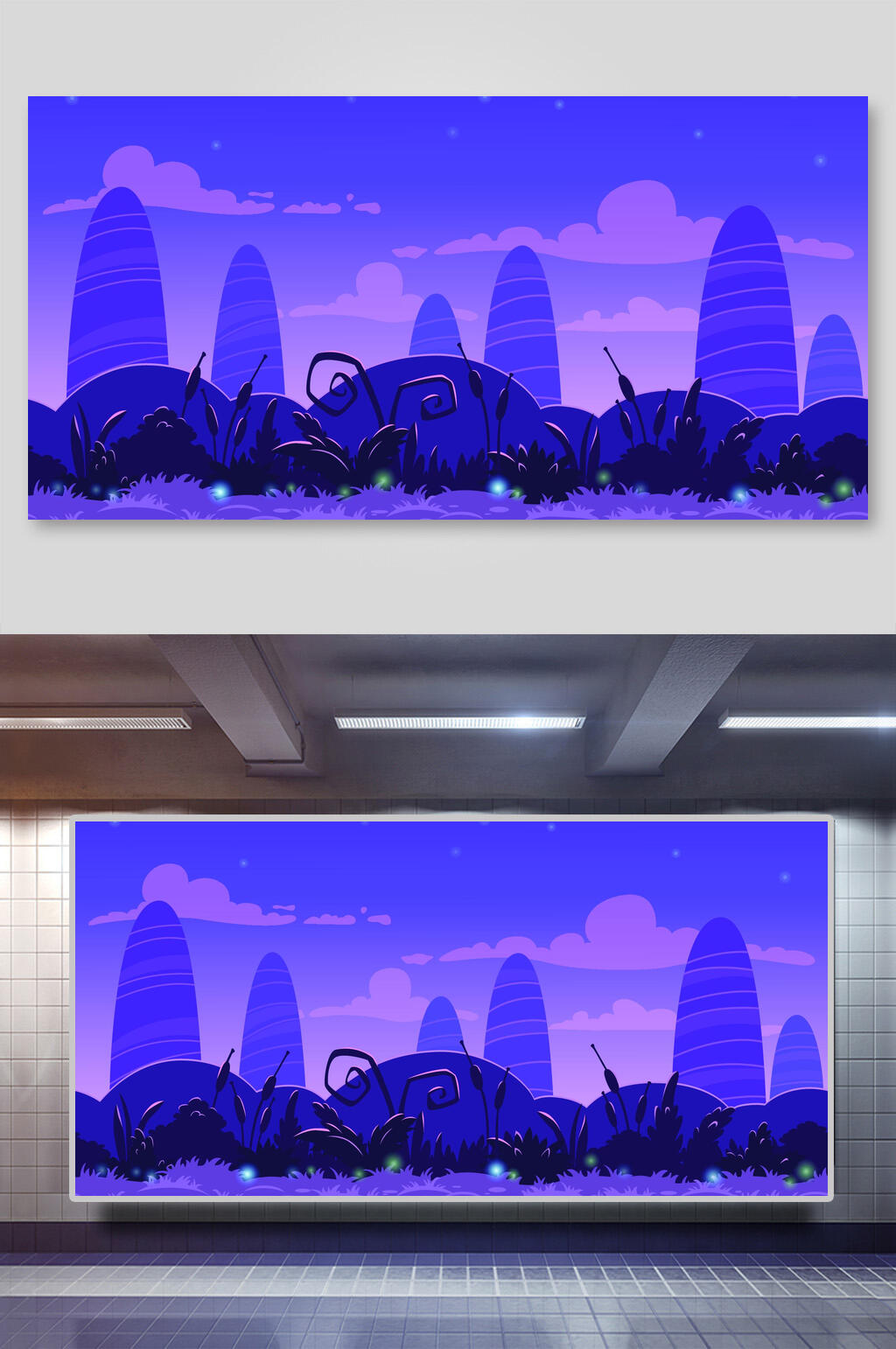 蓝色草原草地森林树林山丘农场插画背景素材素材