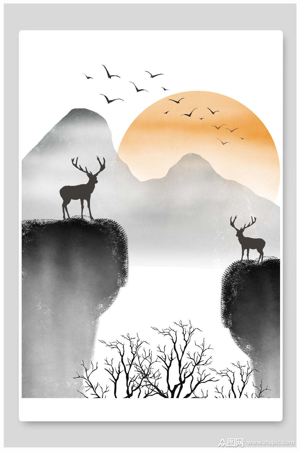 水墨麋鹿现代装饰画素材素材