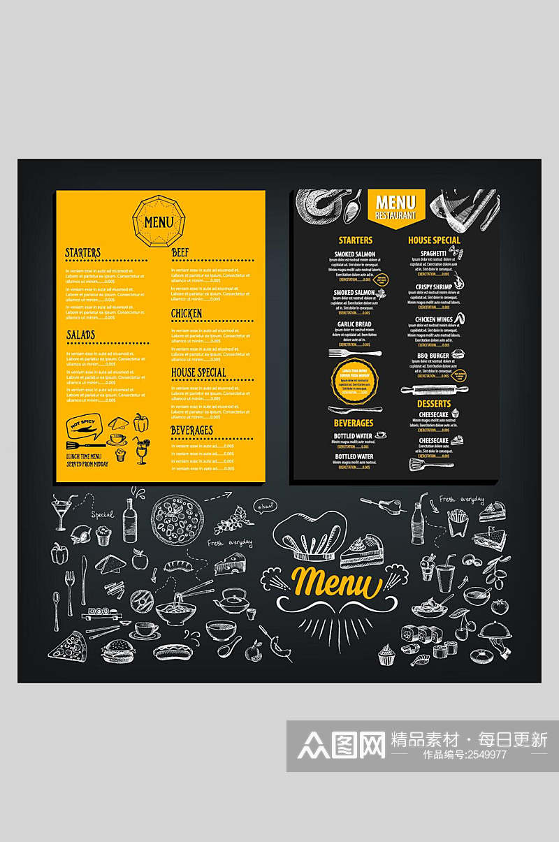黑色西餐厅美食菜单海报素材