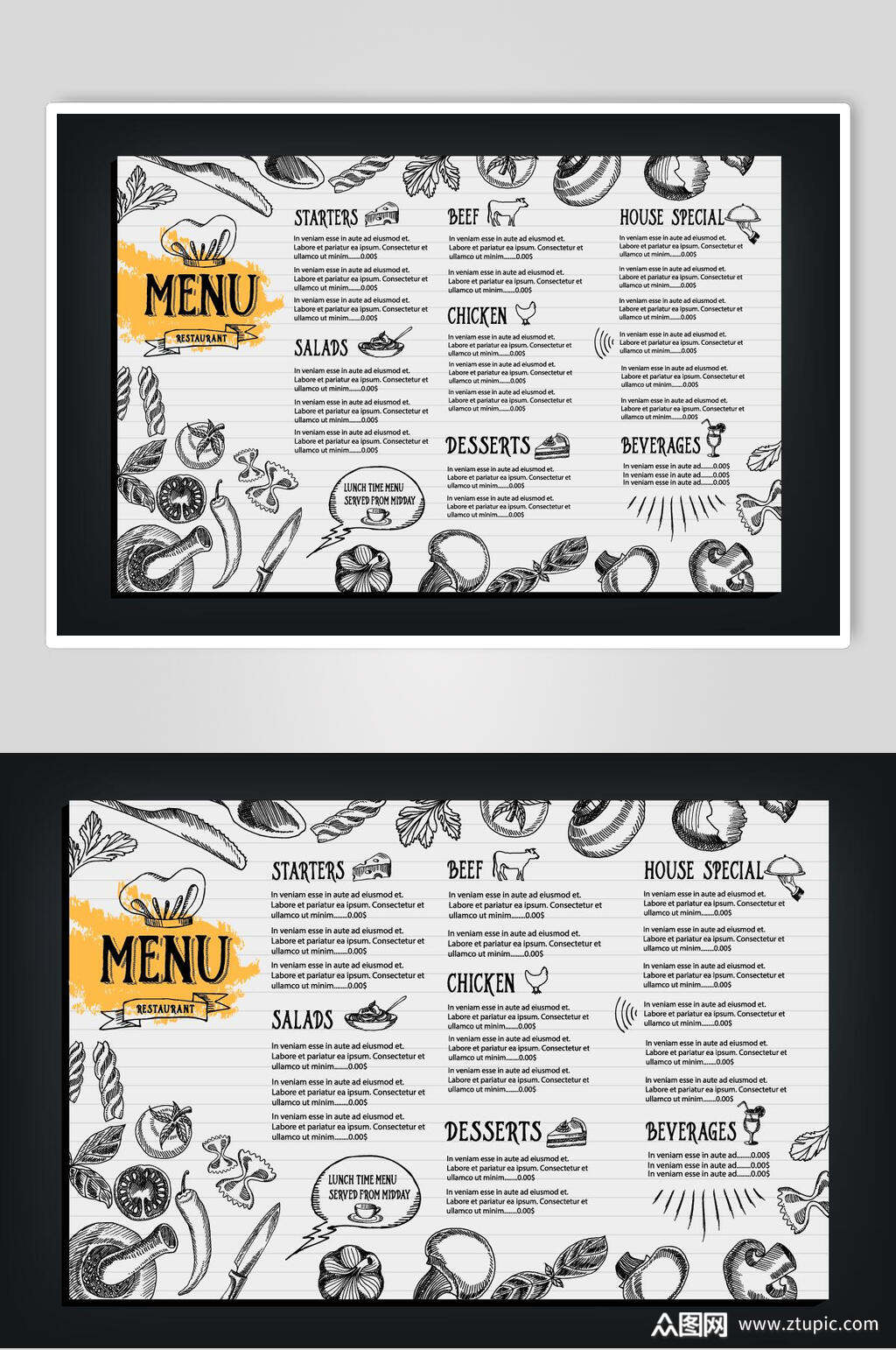 灰色西餐厅美食菜单海报素材