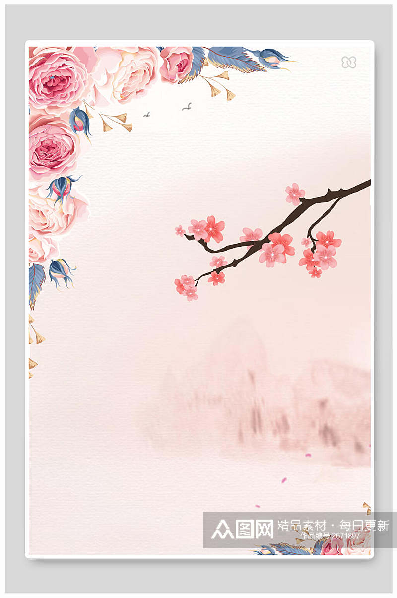 中国风中式山水画水墨花卉背景素材素材