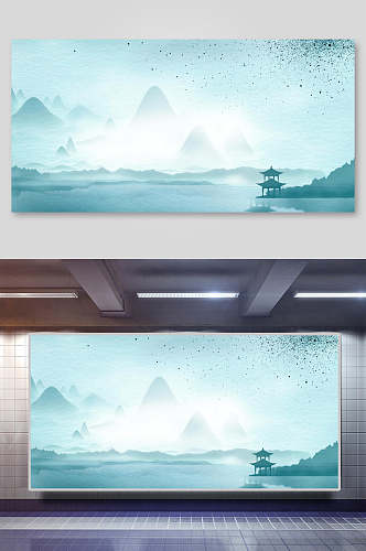 清新中国风中式山水画水墨背景素材