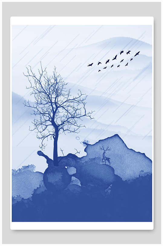 蓝白清新高端创意水墨现代装饰画