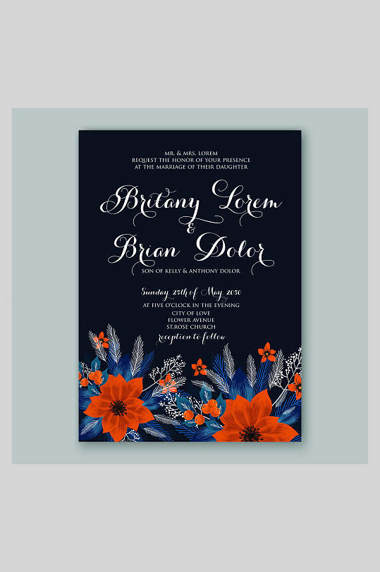 黑色大气文艺花卉婚礼邀请函海报