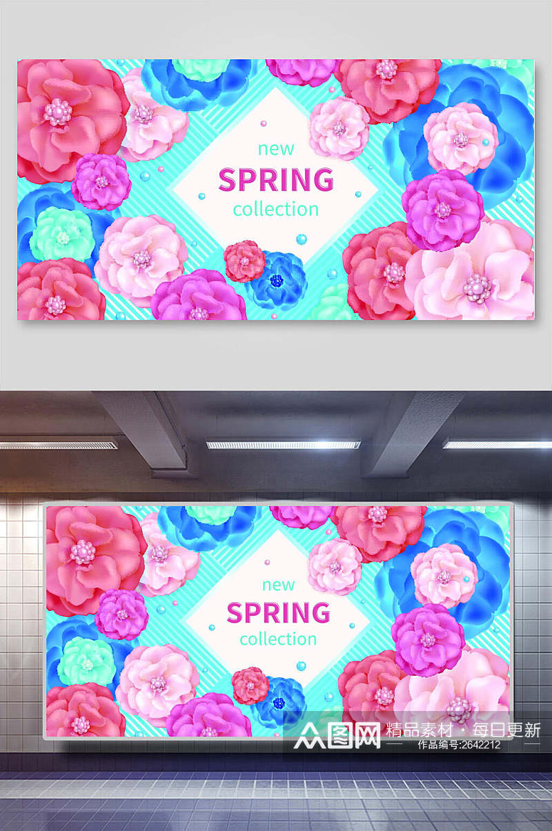 剪纸花卉粉红色主题展板素材