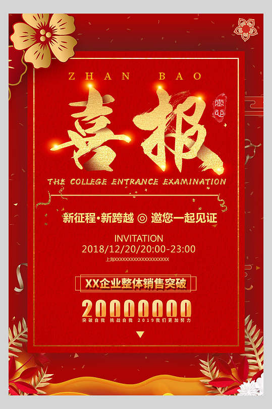 喜报清新红金高级感荣誉战报海报