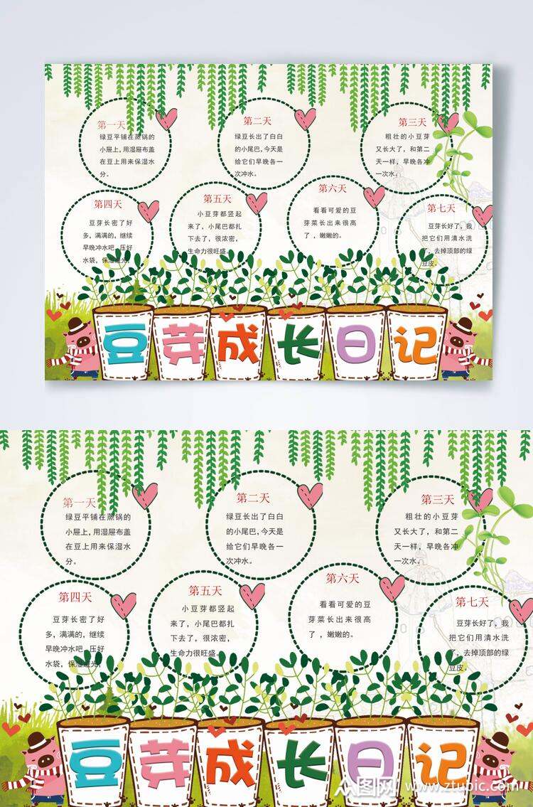 创意绿色豆芽植物生长观察横版小报word