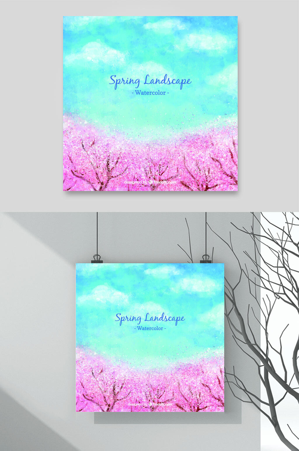 水彩水墨樱花富士山花海背景素材 免抠背景素材下载 众图网