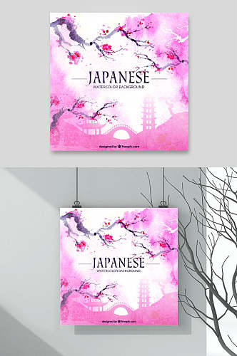 粉色浪漫水彩水墨樱花富士山背景素材