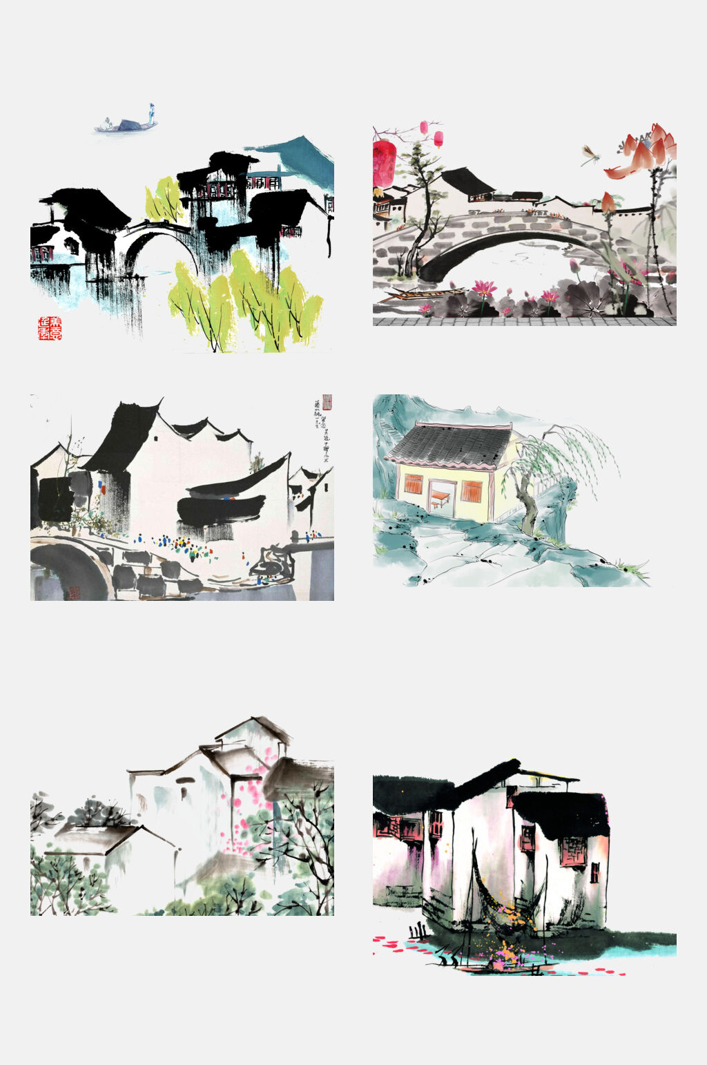 水墨风中国风江南水乡徽派建筑古镇免抠素材素材