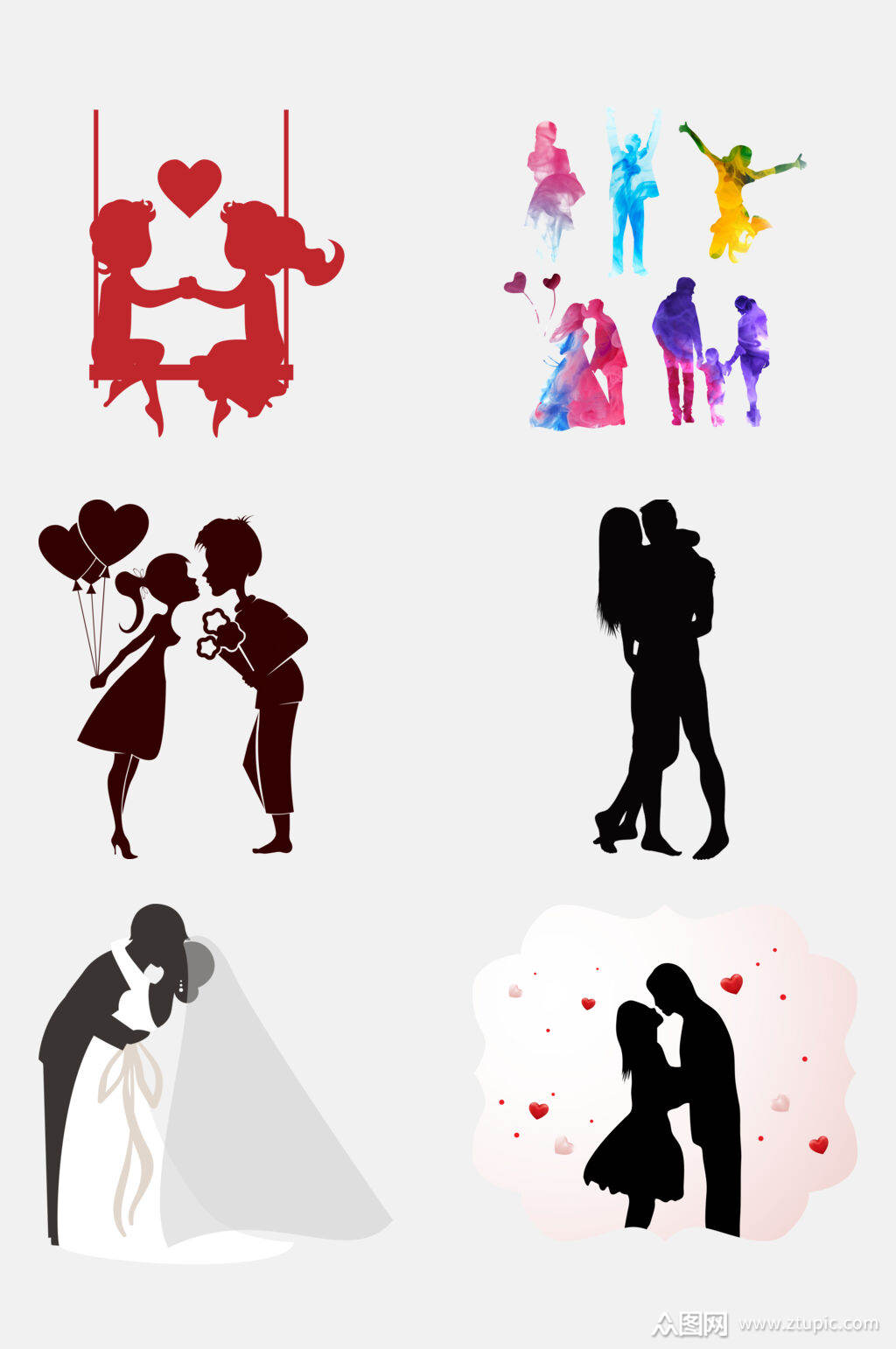 创意炫彩情人节情侣亲吻剪影免抠素材