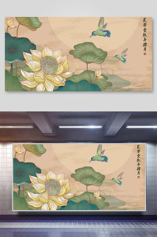 唯美山水中国风花鸟国画背景素材