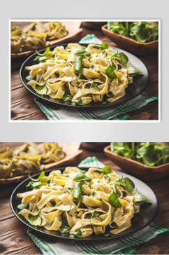 绿色青菜炒面食物西餐美食摄影图