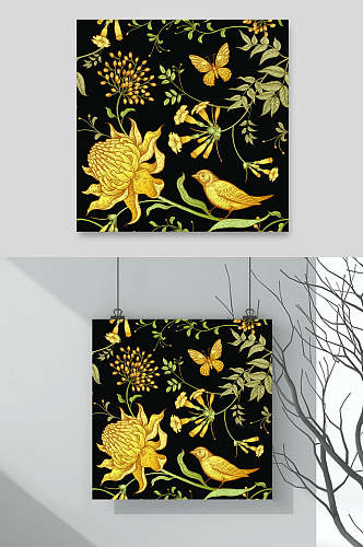 黑金植物花朵手绘纹样矢量素材