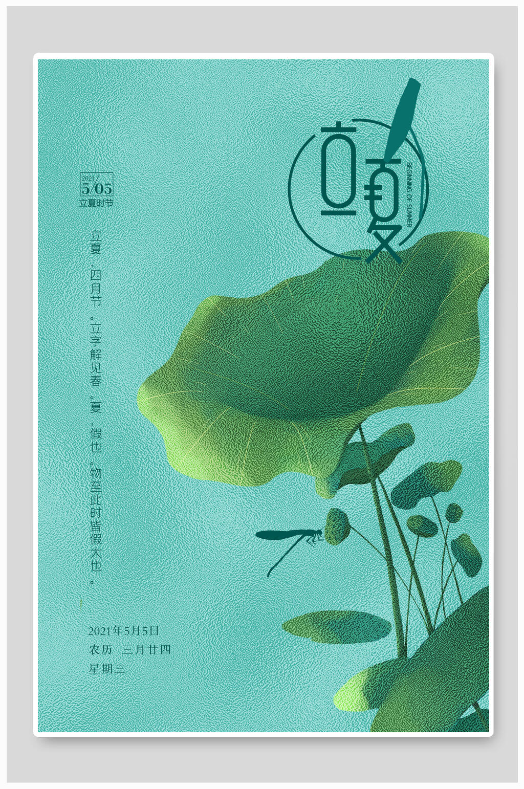 简洁绿色荷花立夏插画海报素材