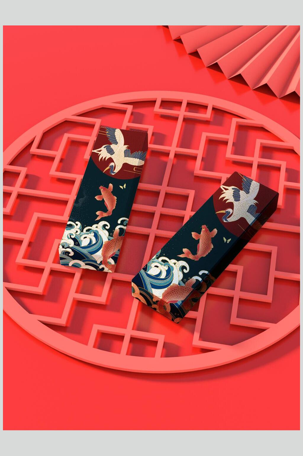 红色典雅祥云锦鲤包装样机素材
